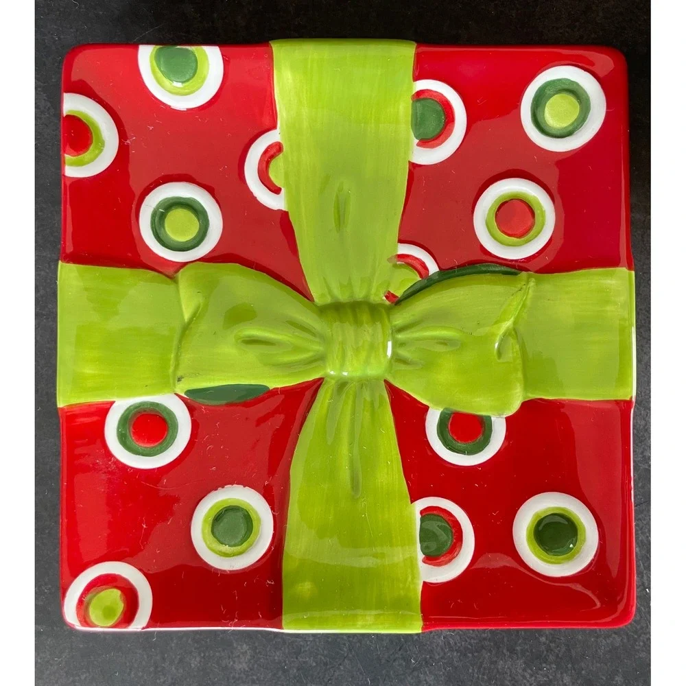 Fitz and Floyd Holiday Cheer Christmas Gift Box Cheese Plate and Spreader Set